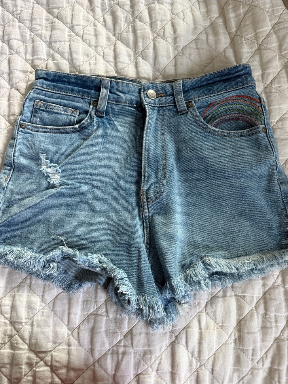 No Boundaries Light Blue Denim Shorts with Rainbow Embroidered Pocket